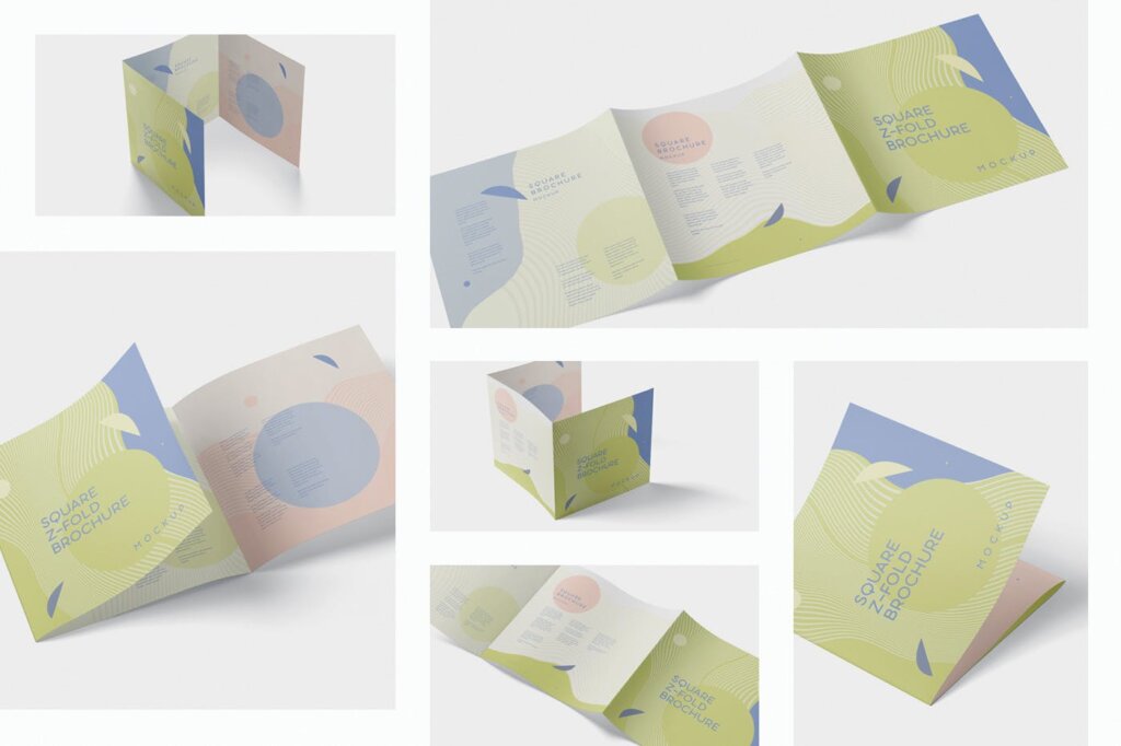 文艺方形三折页折叠小册子模型S样机素材quare Z-Fold Brochure Mockup Set插图1