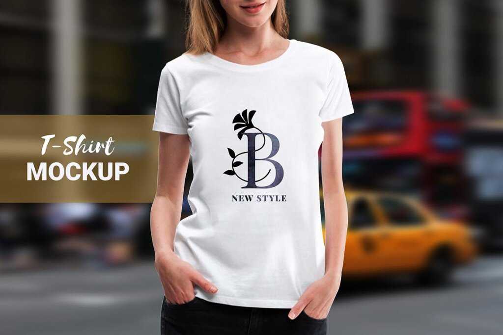 女士高端品牌的白色T恤服装样机素材模板T-Shirt Mockups插图1