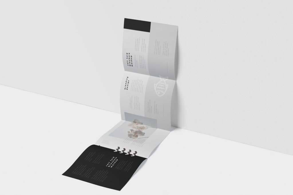 海鲜料理两折页卷折小册子模型样机素材下载Roll-Fold Brochure Mockup Set – Square Format插图3
