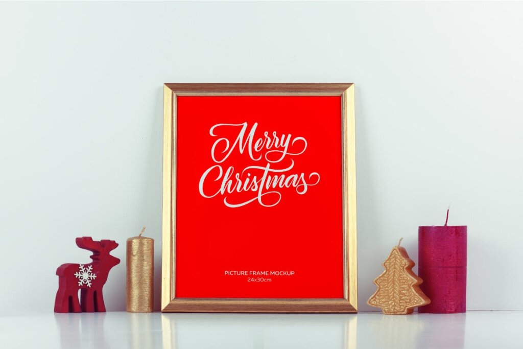 圣诞节主题概念相框模板素材样机下载Christmas Gold Picture Frame Mockup插图2