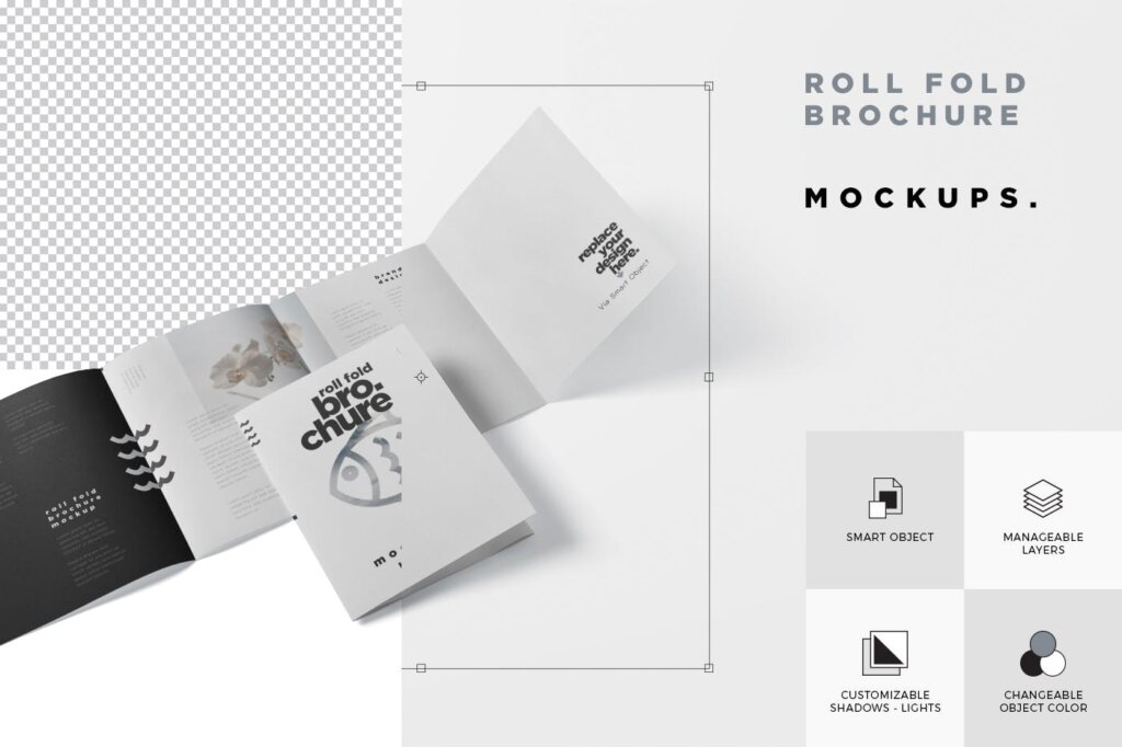 精致文艺方形折叠海鲜料理小册子模型样机下载Roll-Fold Brochure Mockup in 8.5×11 Inch US Letter插图4