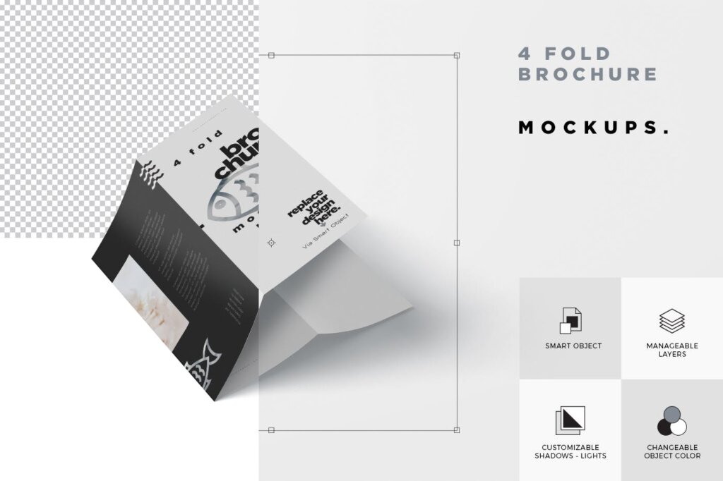 日式海鲜料理四折页模板素材样机下载4 – Fold Brochure Mockup Set – DL 99 x 210 mm插图5