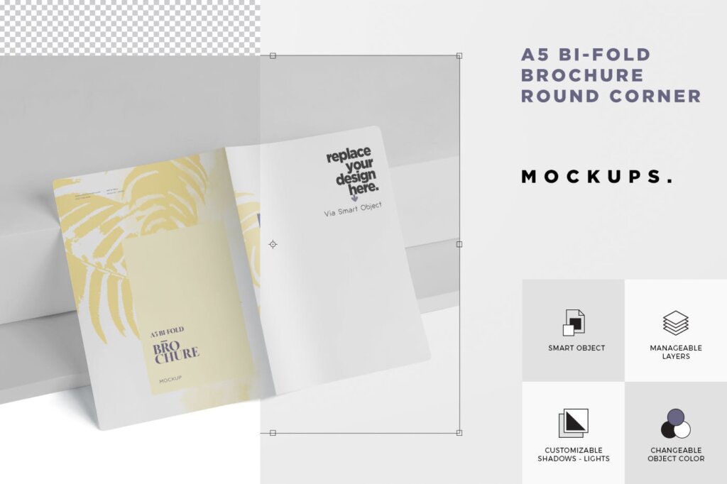 经典的A5双折小册子模型样机素材下载A5 Bi-Fold Brochure Mock-Up Set – Round Corner插图5