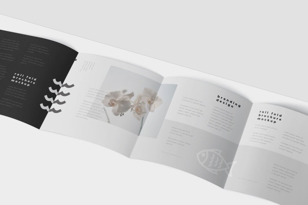 海鲜料理两折页卷折小册子模型样机素材下载Roll-Fold Brochure Mockup Set – Square Format插图5