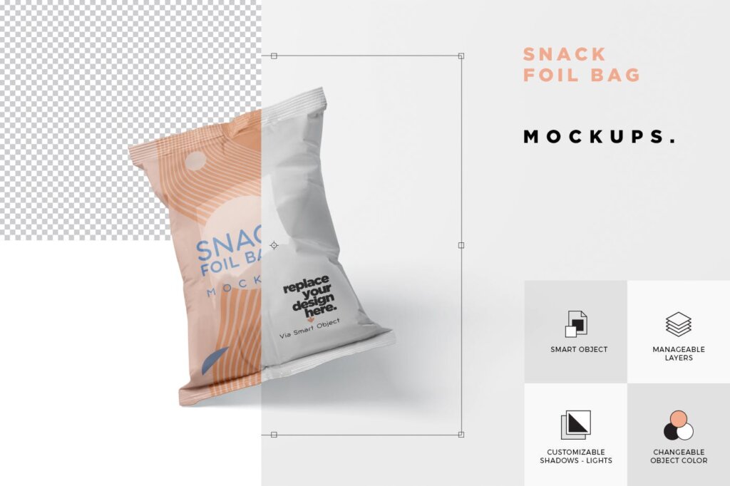 精致零食箔袋模型样机素材下载Snack Foil Bag Mockup Plastic插图5