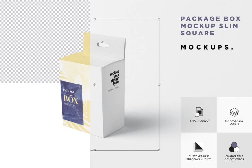 挂扣商品包装盒模板素材样机下载Package Box Mockup Set – Slim Square with Hanger插图6