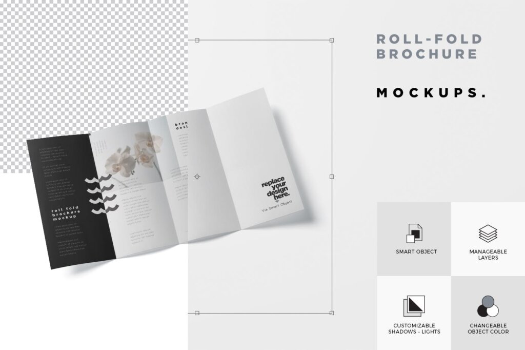 折叠式小册子模型样机素材下载Roll Fold Brochure Mockup DL DIN Lang Size插图6