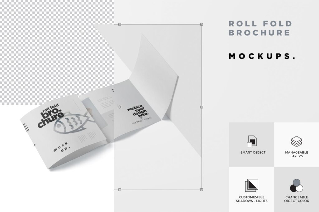 海鲜料理两折页卷折小册子模型样机素材下载Roll-Fold Brochure Mockup Set – Square Format插图6