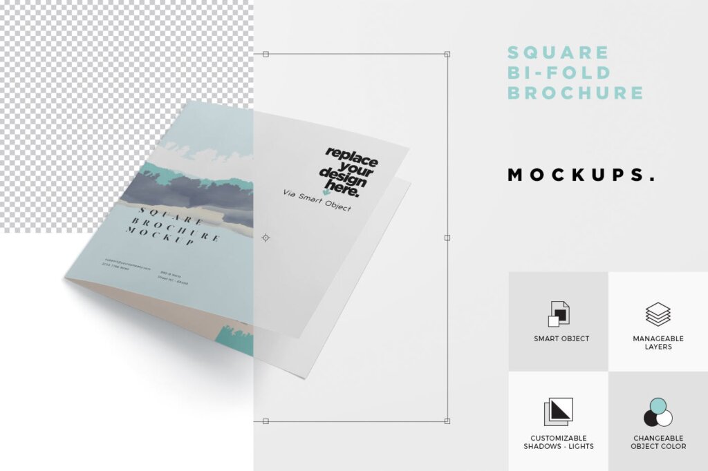 企业画册杂志方形双折小册子模型样素材Square Bi-Fold Brochure Mock-Up Set插图6