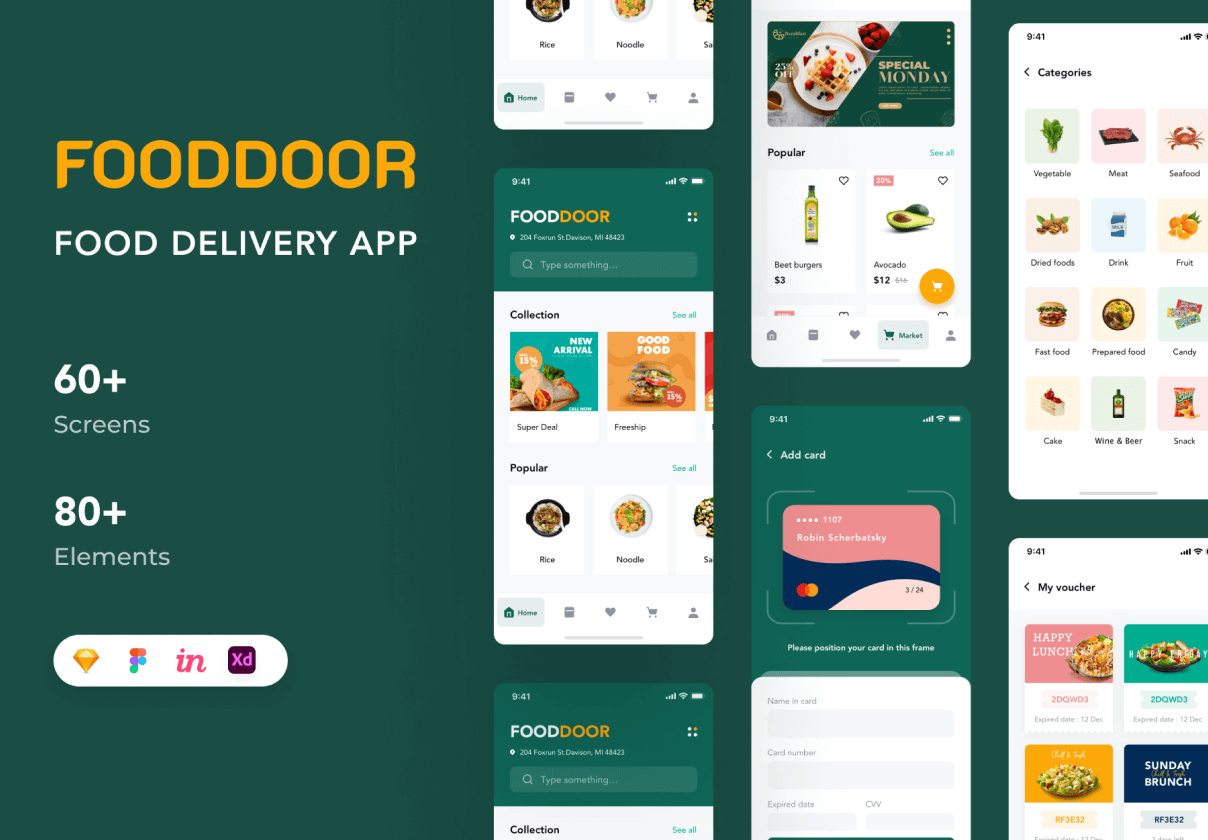 美食在线交易送餐应用程序UI套件模版素材插图