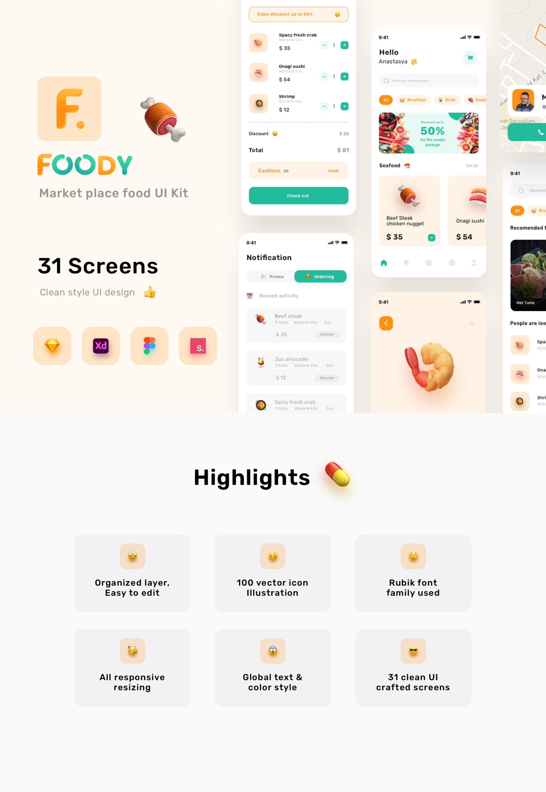 美食送餐UI套件设计控件模版素材下载Foody – Food Delivery UI KIT插图1