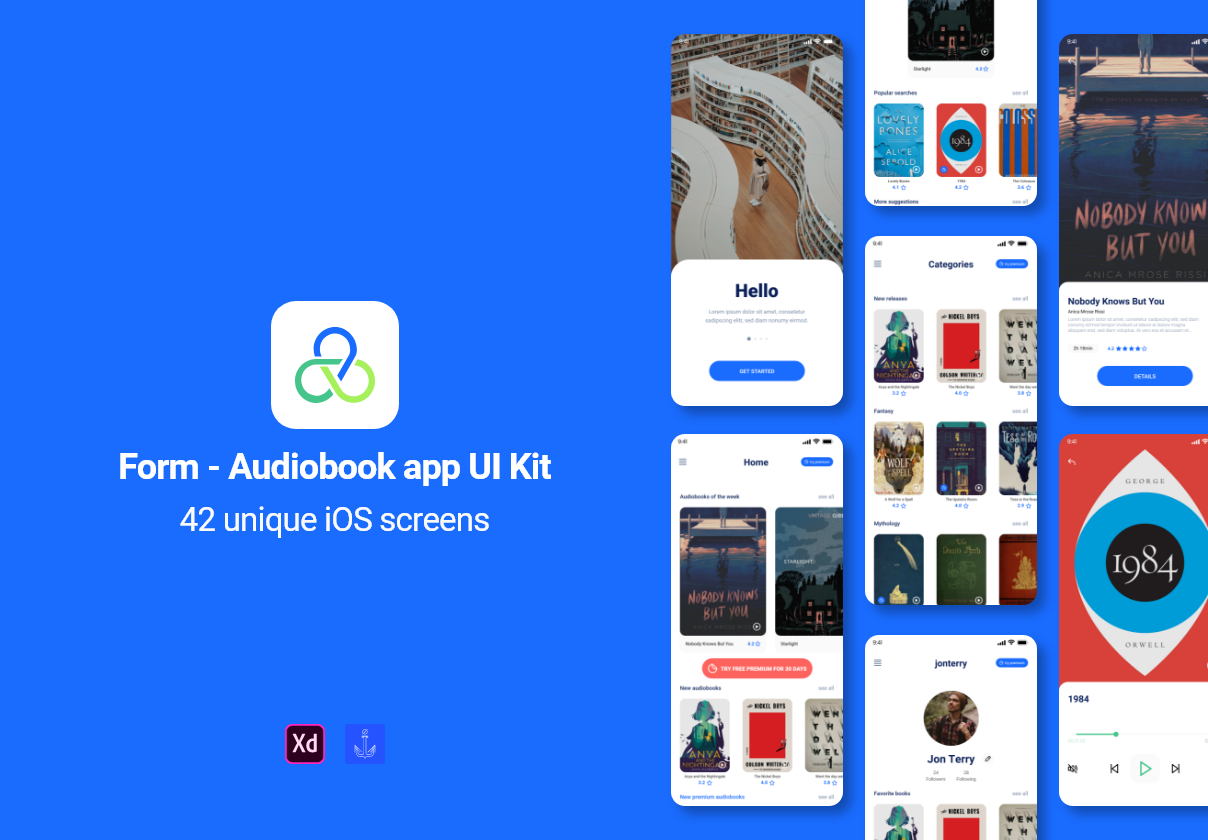 有声读物应用程序设计套件模版Form Audiobooks app – iOS UI Kit插图