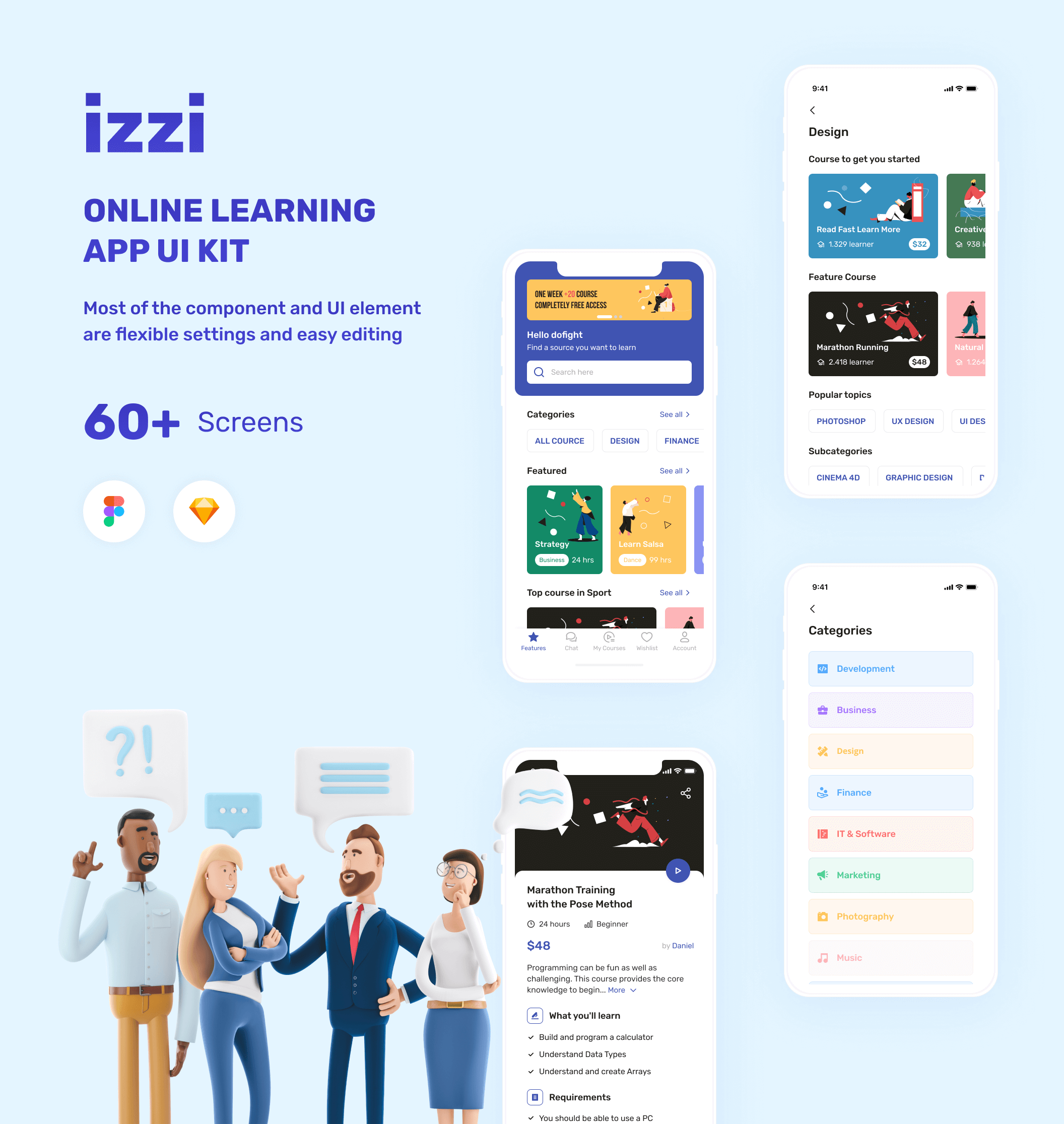 在线培训网络教育移动应用程序素材模版下载izzi – Online Learning App UI Kit插图1