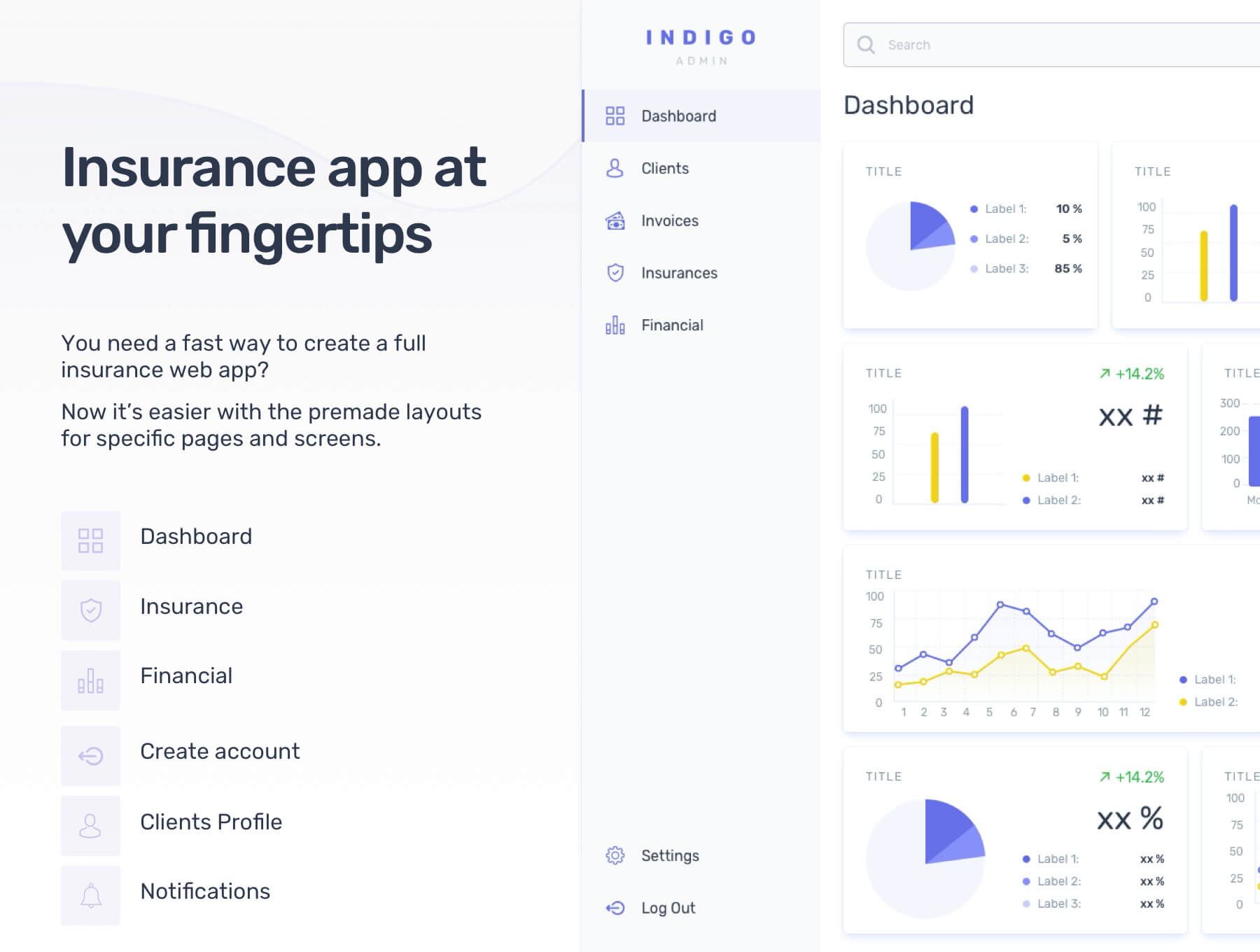 互联网中台系统仪表板Web UI套件模版素材下载 Indigo Insurance Admin Dashboard Web UI Kit插图1