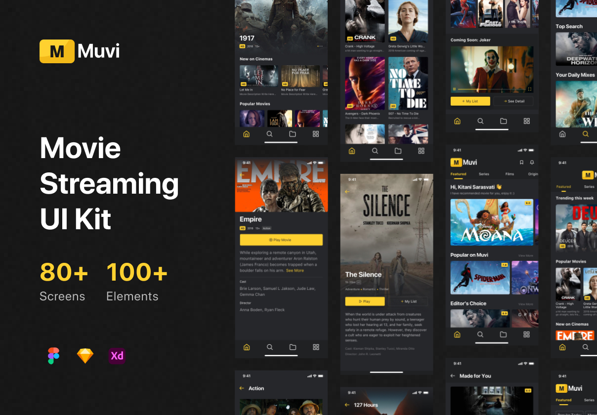 电影瀑布流布局UI套件素材模版下载Muvi – Movie Streaming UI Kit插图