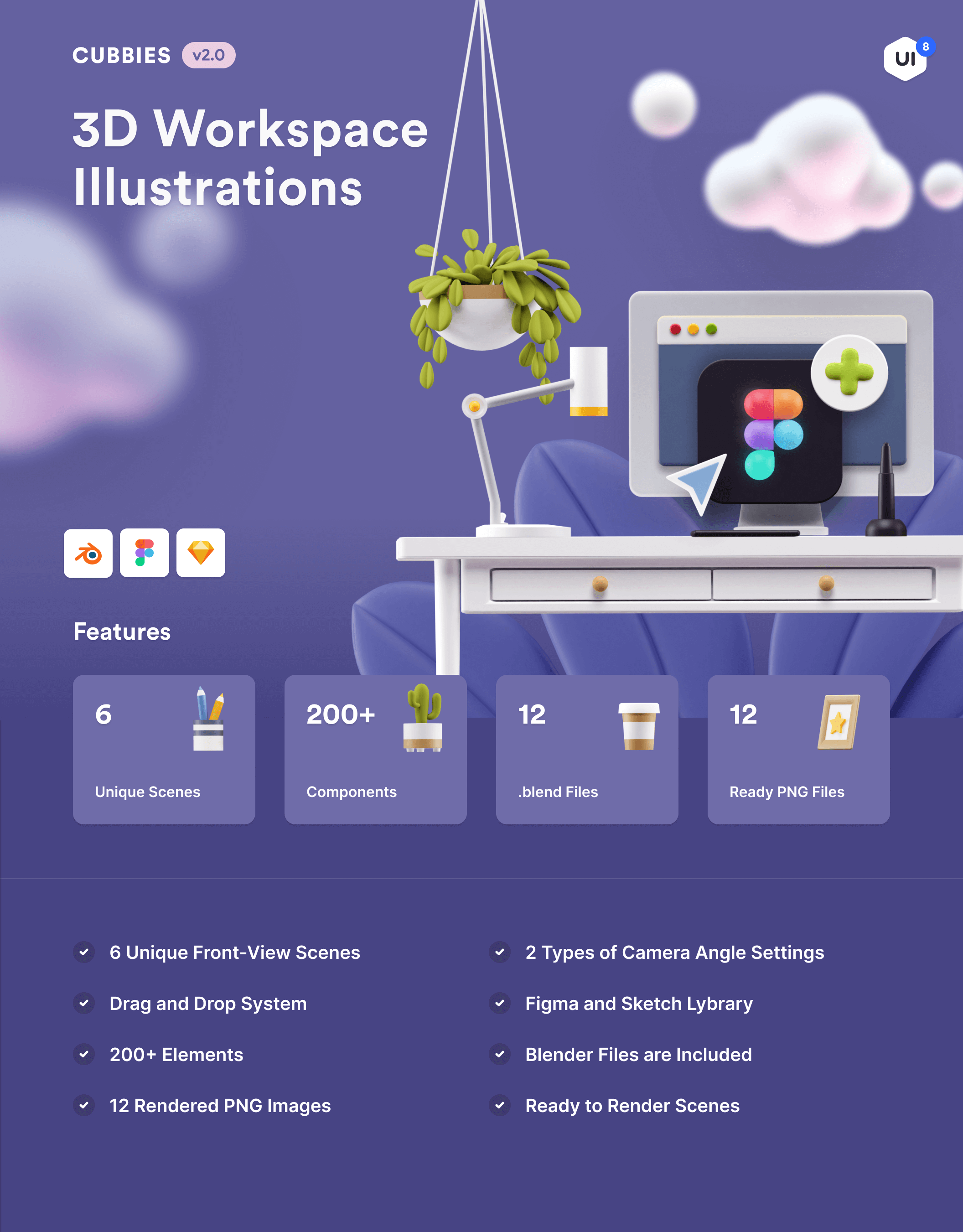 3D工作场景插图素材模板Cubbies v2.0 3D Workspace Illustrations插图1