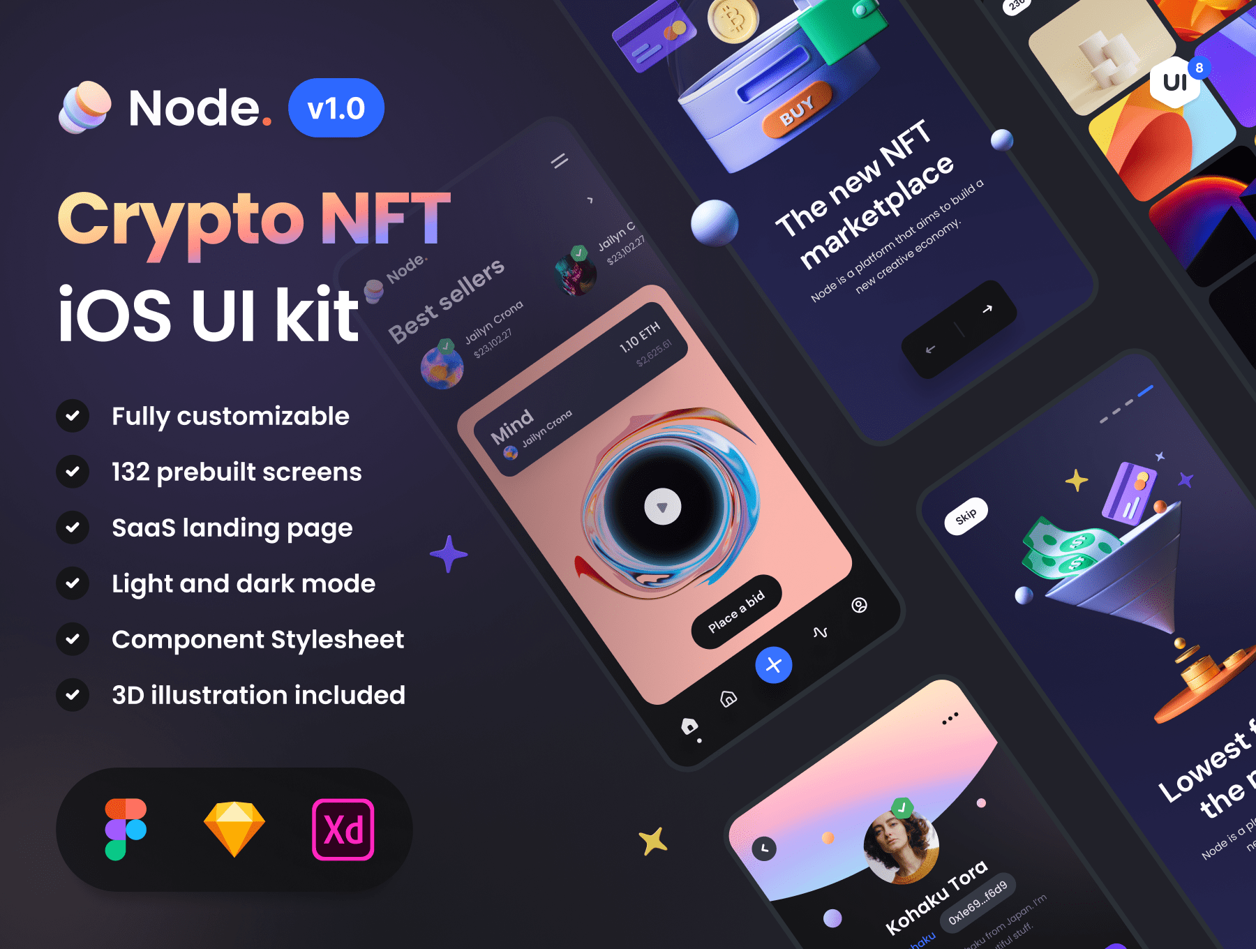 艺术类加密作品集模板素材Node – Crypto NFT iOS UI Kit插图