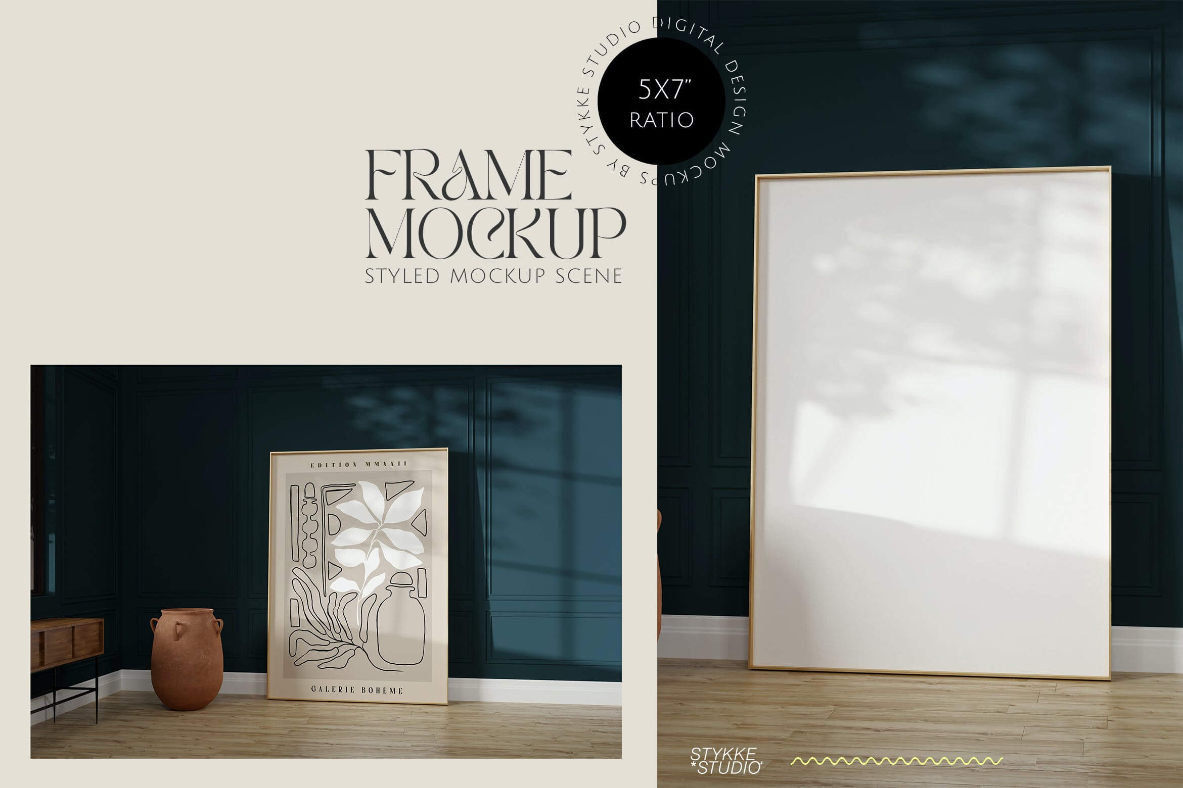 深蓝色室内金色框架实体模型golden frame mockup in dark blue room interior插图