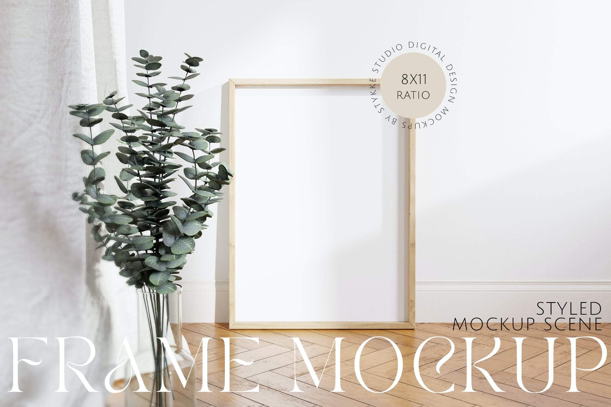 木地板上的框架模型样机素材Frame Mockup on wooden floor with eucalyptus vase插图