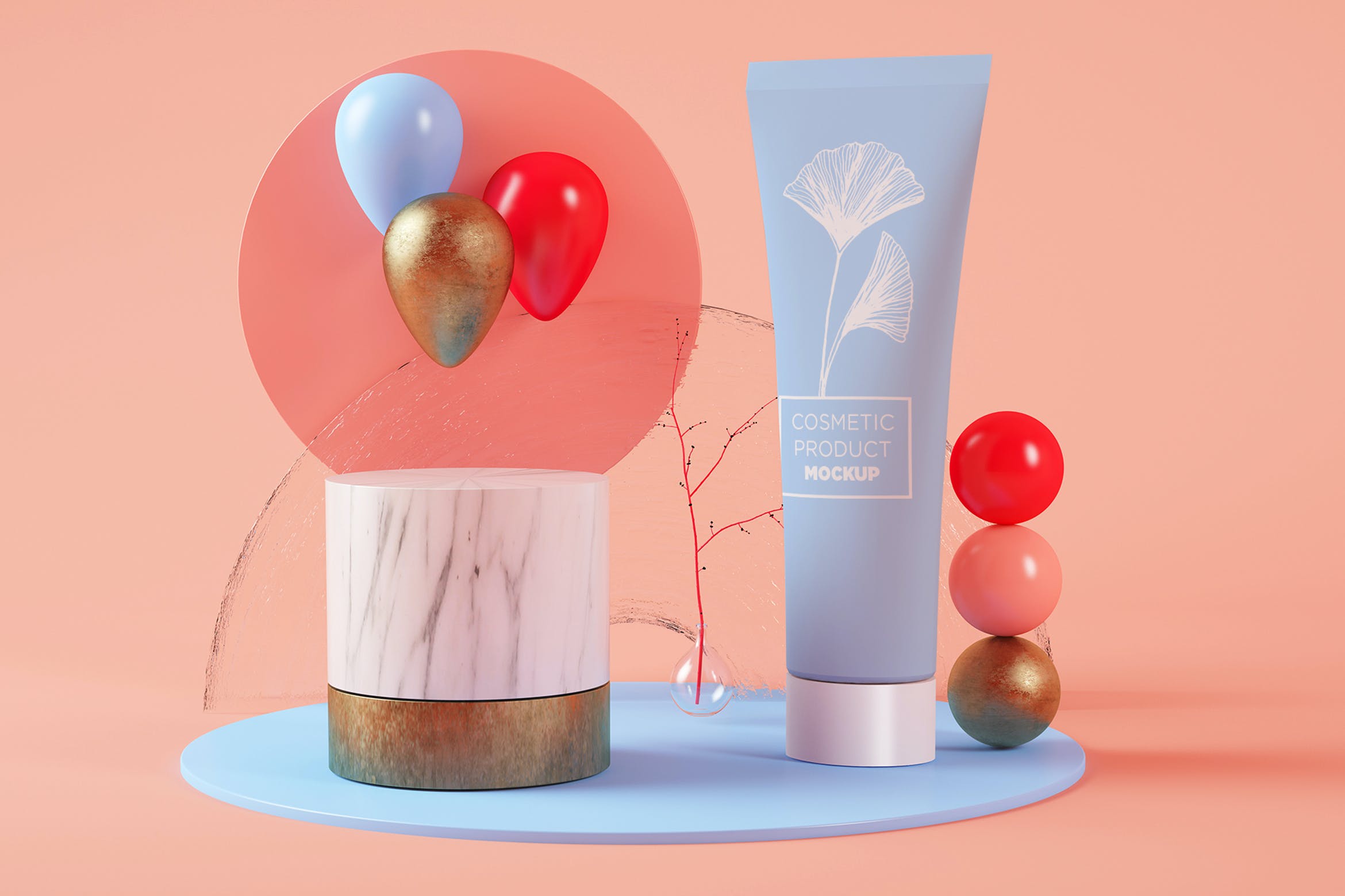 高端化妆品模板样机素材Cream Tube on a Surreal Platform Set Mockup插图