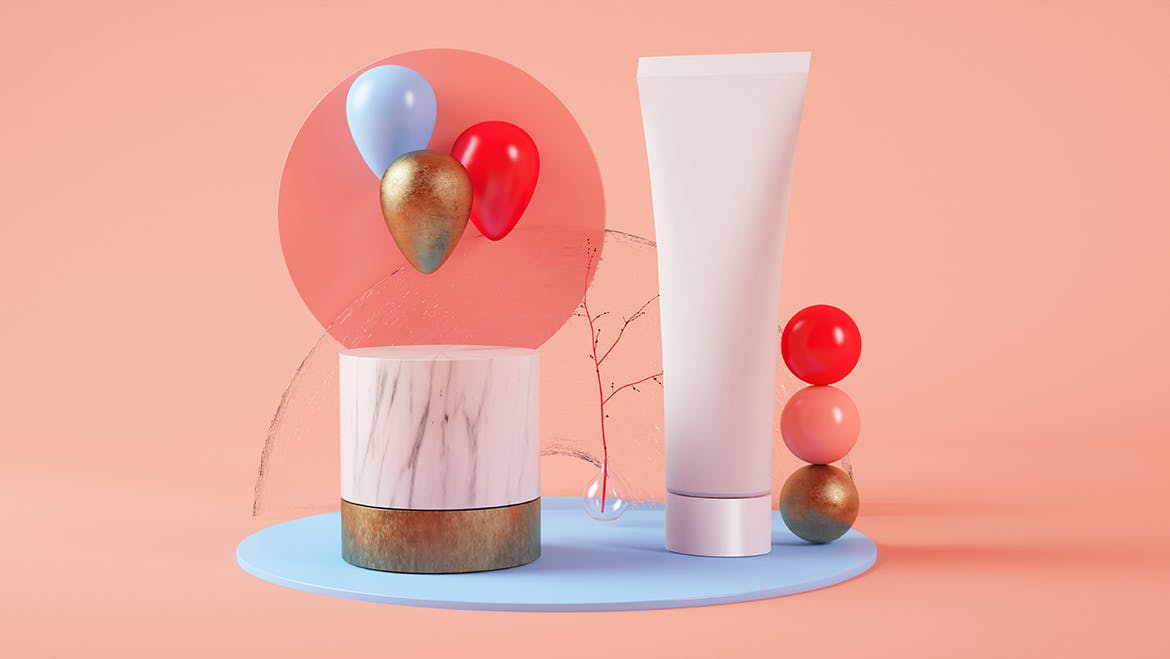 高端化妆品模板样机素材Cream Tube on a Surreal Platform Set Mockup插图2