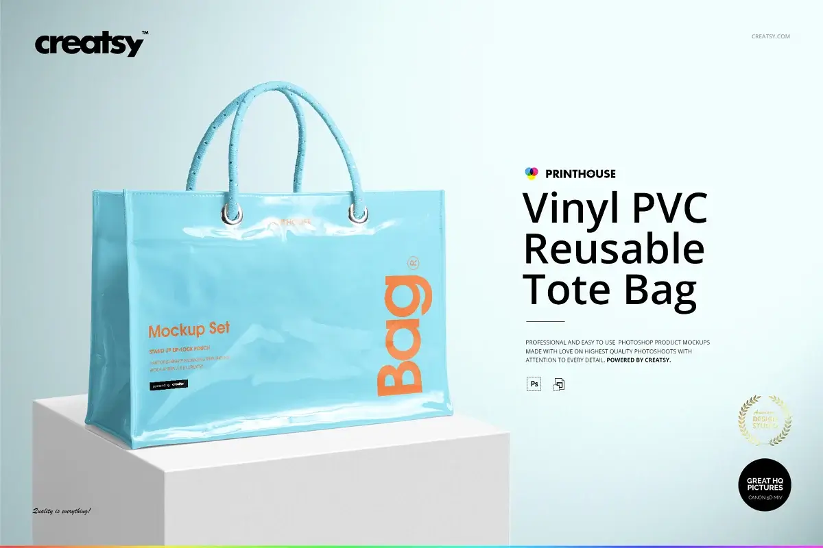 服装购物袋样机模版素材Vinyl PVC Reusable Tote Bag Mockups