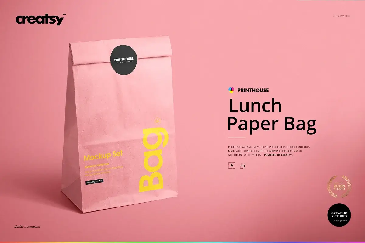 粉色牛皮纸包装袋模版样机素材Lunch Bag Mockup Set