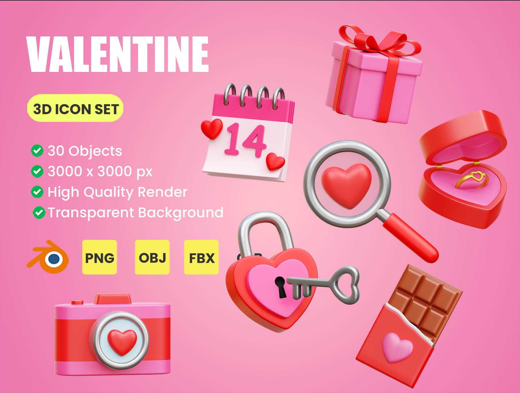 情侣社交类应用图标模板素材Valentine 3D Icon Illustrations插图