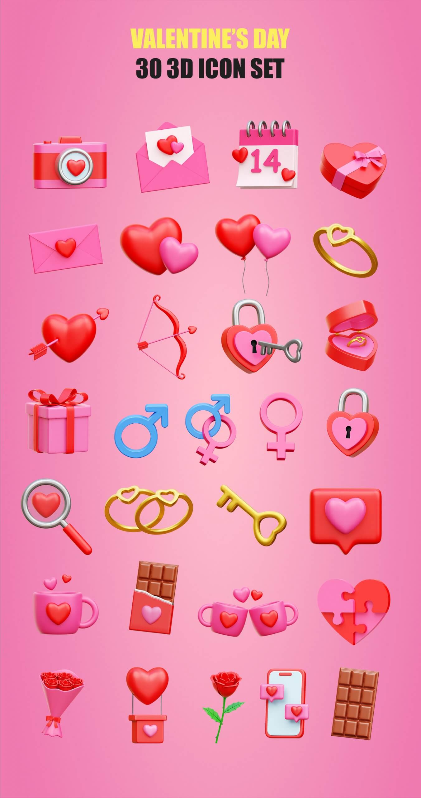 情侣社交类应用图标模板素材Valentine 3D Icon Illustrations插图6