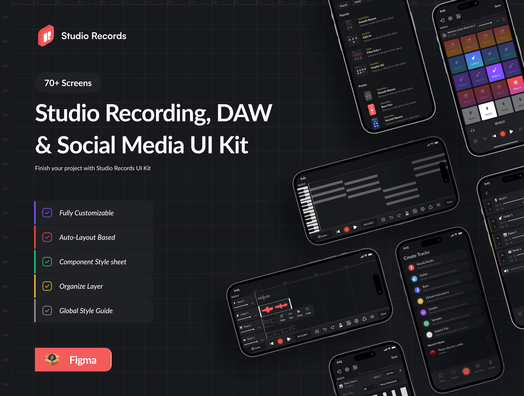 在线教育高端黑色主题UI模板素材Studio Records DAW UI Kit插图