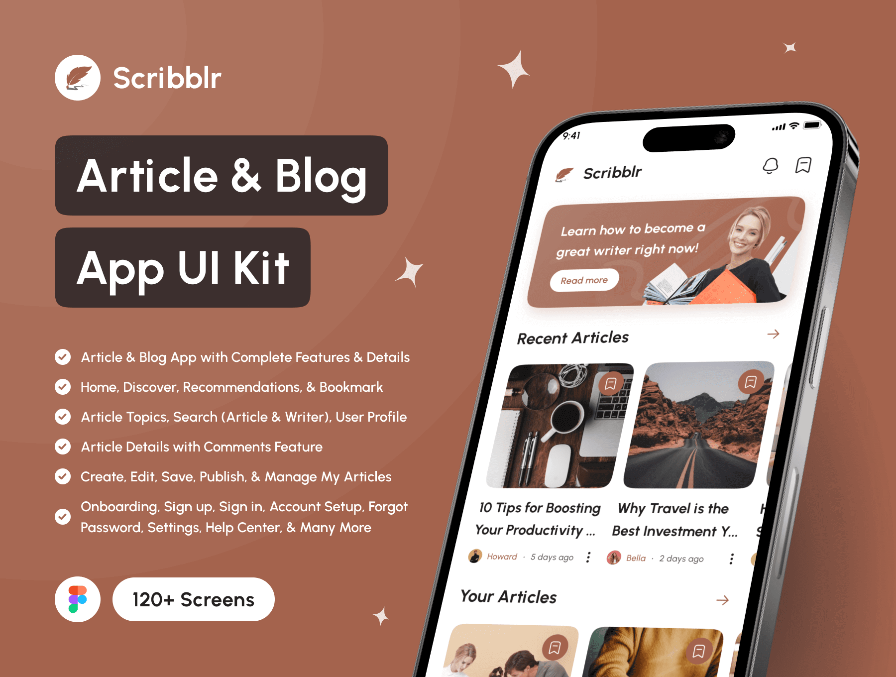 橙色高端旅游类移动应用程序UI模板在线预定旅游模板Scribblr – Article Blog App UI Kit插图