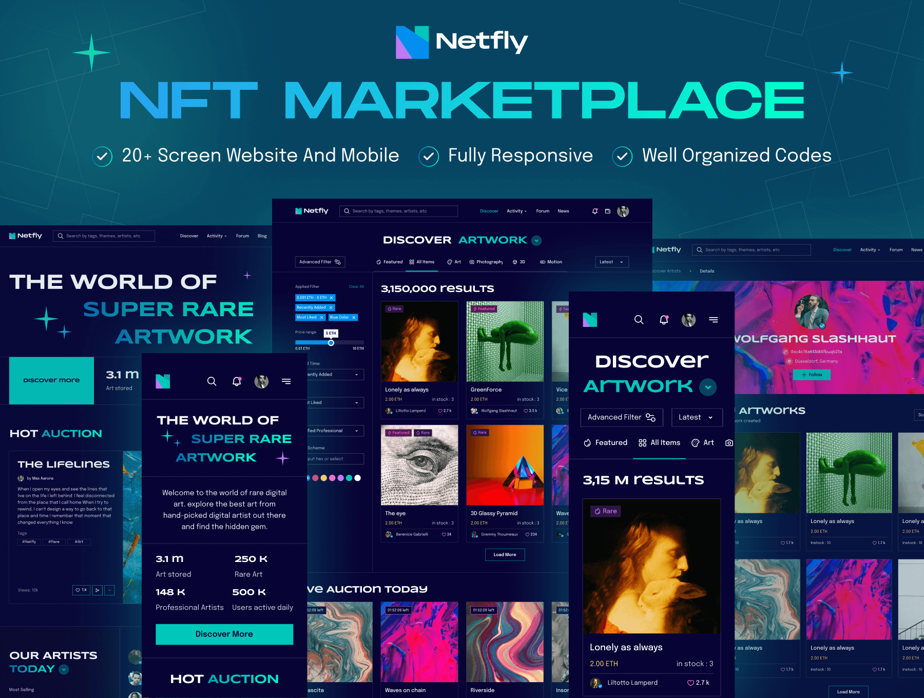 数字作品pc端网站模板素材Netfly – NFT Marketplace Website Template插图