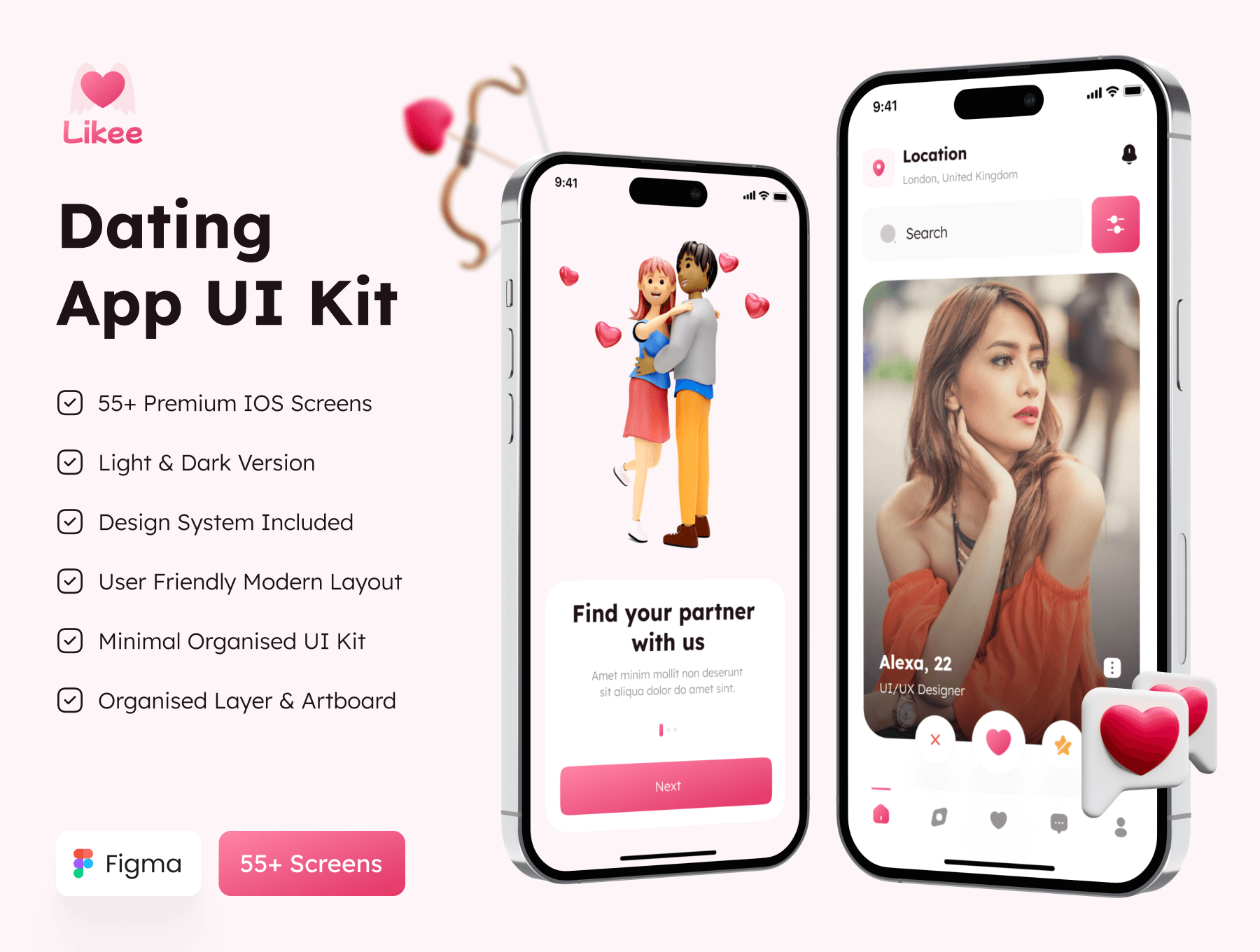 情侣爱情社交类约会应用UI套件Likee – Dating App UI Kit插图