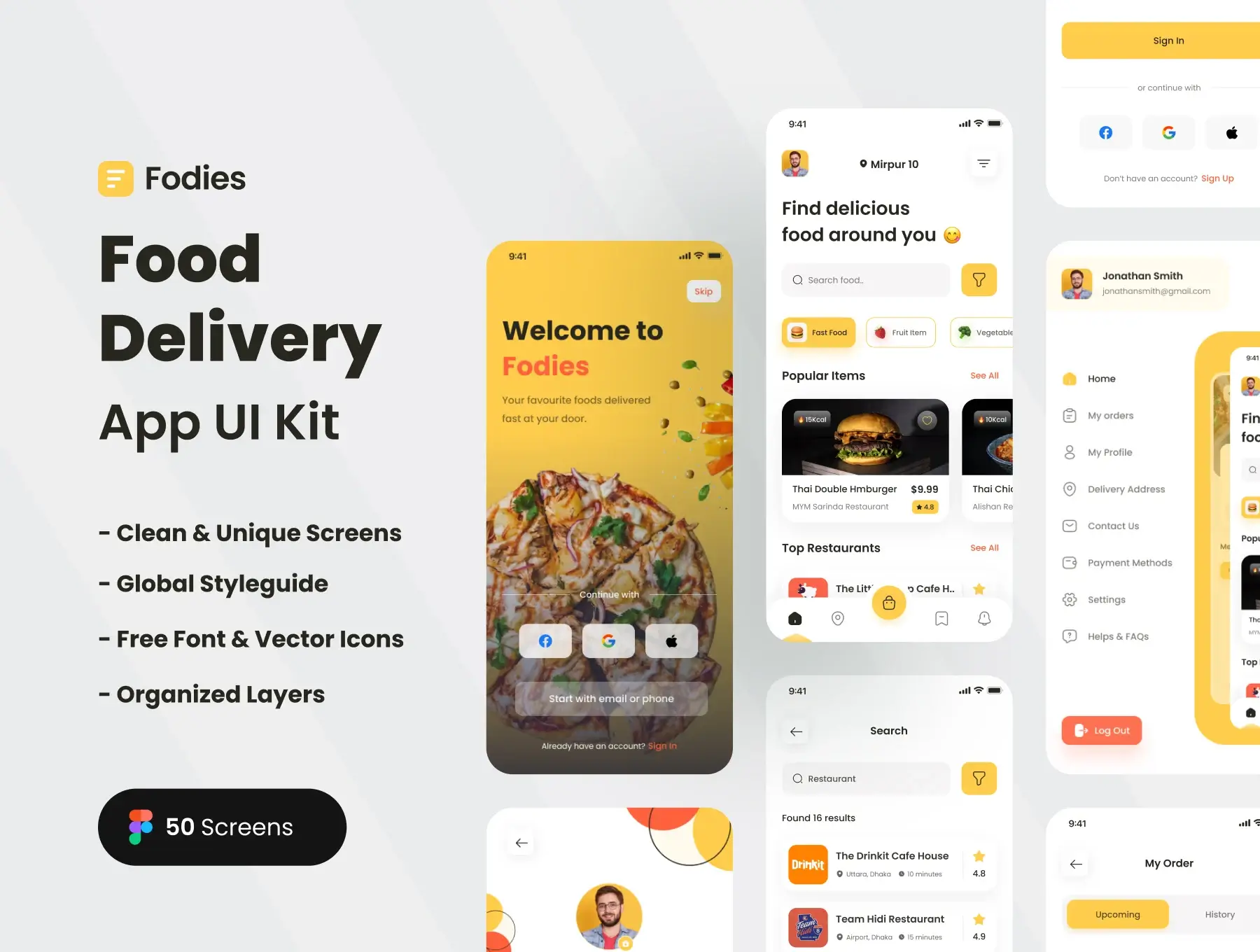 外卖美食类移动应用程序送餐应用UI套件Fodies – Food Delivery App UI Kit