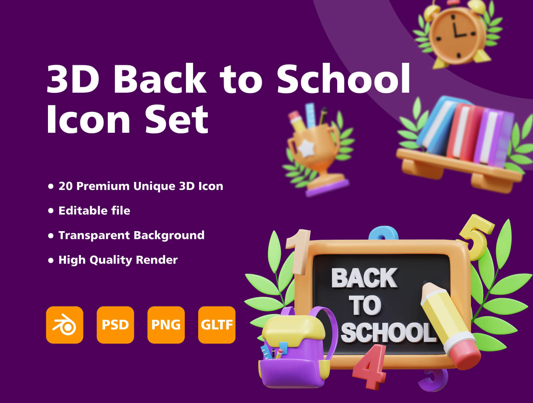 3D返校项目图标集创意3D图标模板素材3D Back to School Item icon set插图