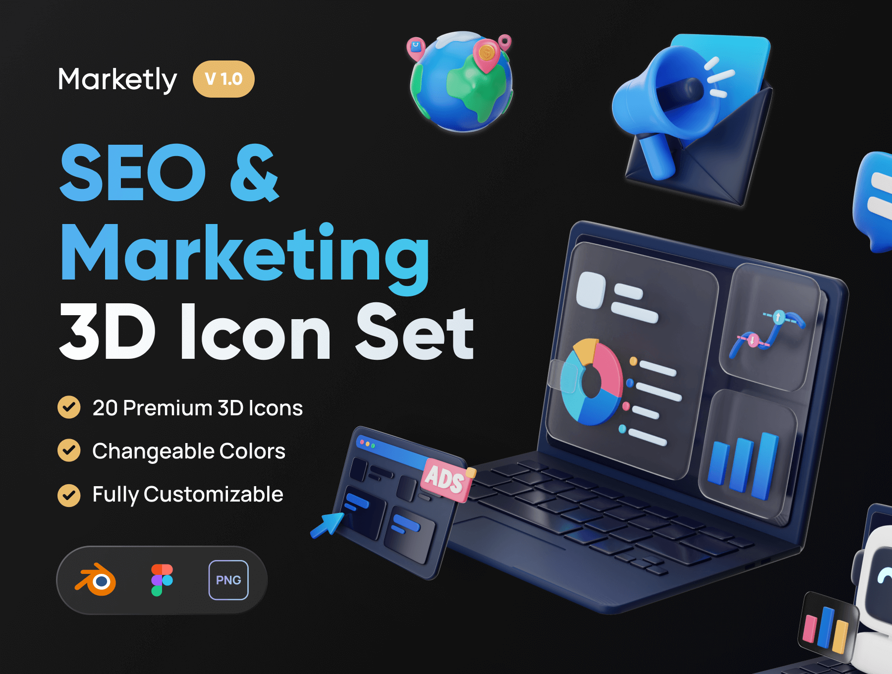 网站优化更新类相关插图素材模板下载Marketly – SEO & Marketing 3D Icon Set插图