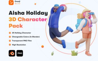 假日3D角色包人物角色旅游主题图标Aisha – Holiday 3D Character Pack
