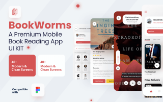 电子书阅读、音频、视频图书移动应用UI套件BookWorms – An Ebook Reading, Audio, Video Books Mobile App UI Kit
