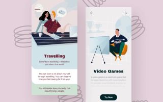 旅游和视频游戏场景  创意插画移动端ui设计产品介绍页面Relax