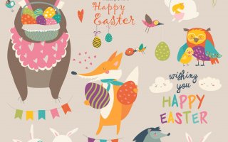 复活节动物漫画人物Animals celebrating Easter Vector set of cartoon