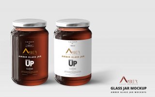 蜂蜜罐头LOGO标签设计提案玻璃瓶展示样机PSD智能贴图模板 Amber Glass Jar Mockup